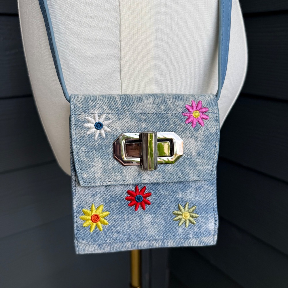 No Boundaries Denim Floral Embroidered Crossbody Wallet Bag Blue Y2K Mini